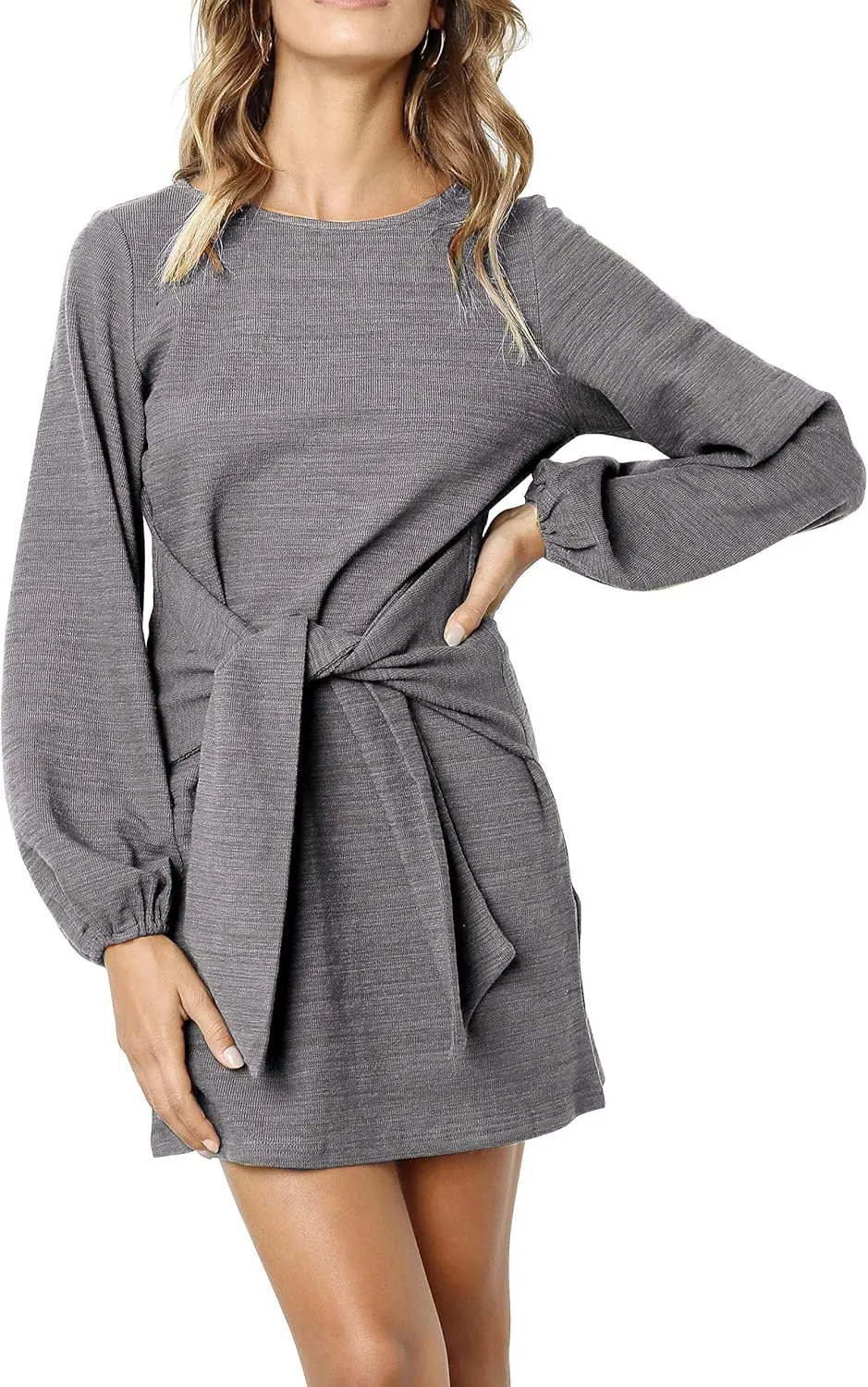 R.Vivimos Women's Autumn Winter Cotton Long Sleeves Elegant Knitted Bodycon Tie Waist Sweater Pencil Dress