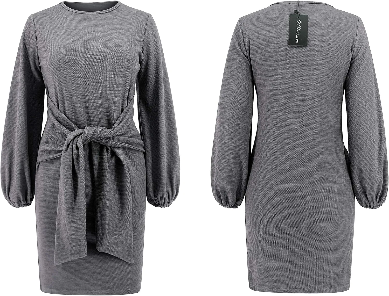 R.Vivimos Women's Autumn Winter Cotton Long Sleeves Elegant Knitted Bodycon Tie Waist Sweater Pencil Dress