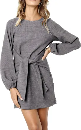 R.Vivimos Women's Autumn Winter Cotton Long Sleeves Elegant Knitted Bodycon Tie Waist Sweater Pencil Dress