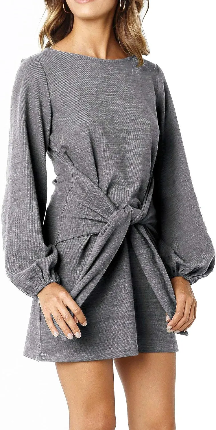 R.Vivimos Women's Autumn Winter Cotton Long Sleeves Elegant Knitted Bodycon Tie Waist Sweater Pencil Dress