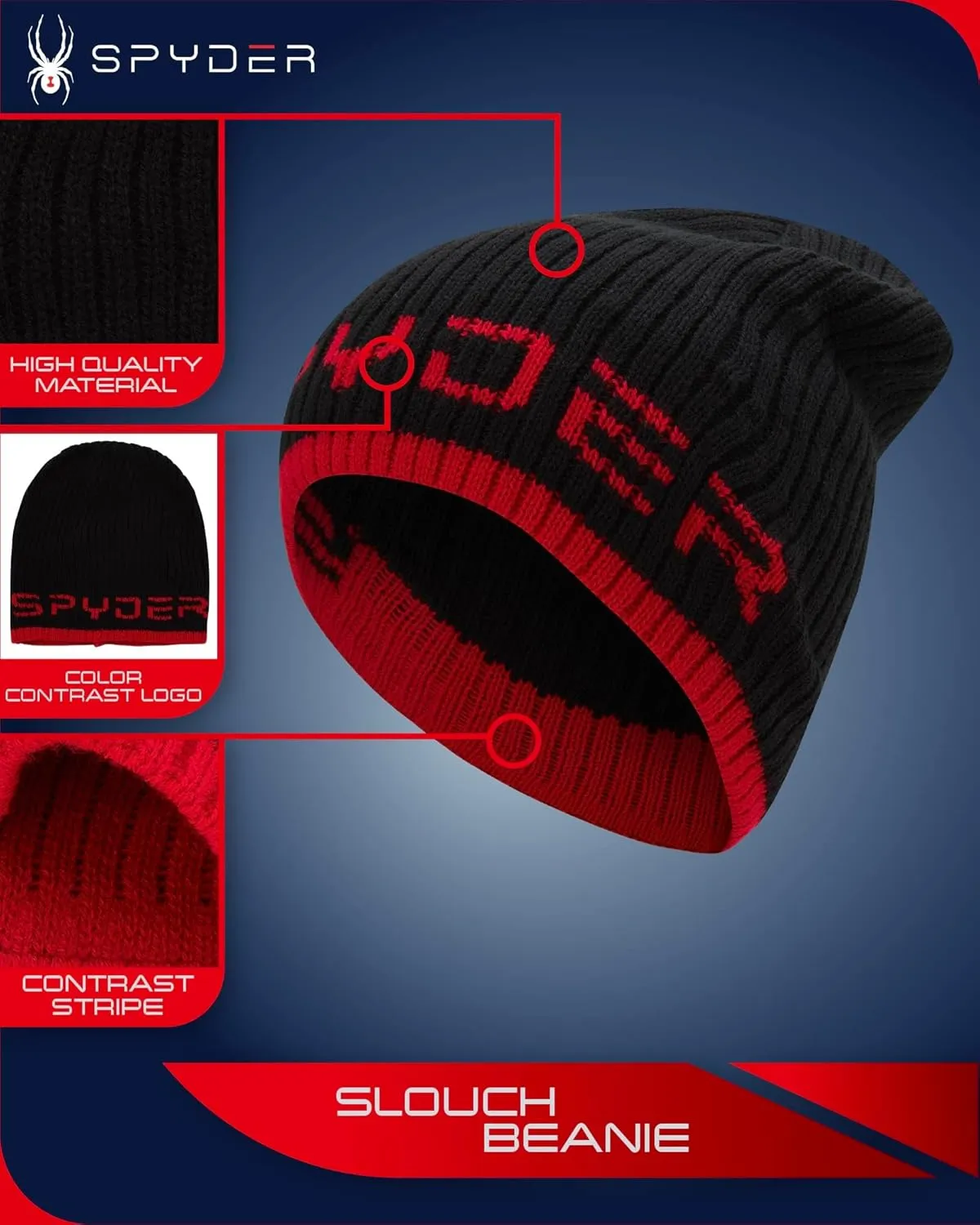 Spyder Men's Beanie - Lightweight Winter Rib Slouchy Beanie for Men - Soft and Warm Mens Beanie Hat, Skull Cap & Winter Hats