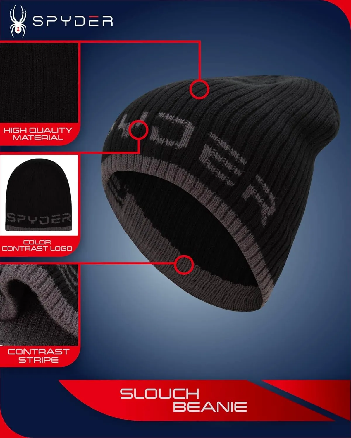 Spyder Men's Beanie - Lightweight Winter Rib Slouchy Beanie for Men - Soft and Warm Mens Beanie Hat, Skull Cap & Winter Hats