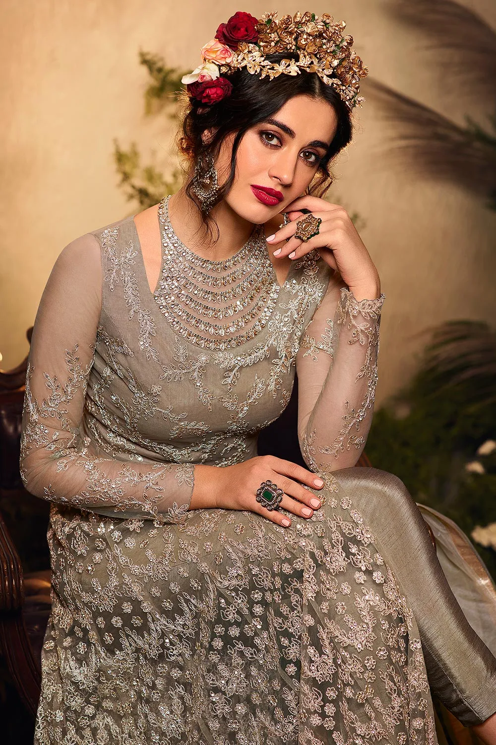 Taupe Grey Zari Embroidered Net Anarkali Suit