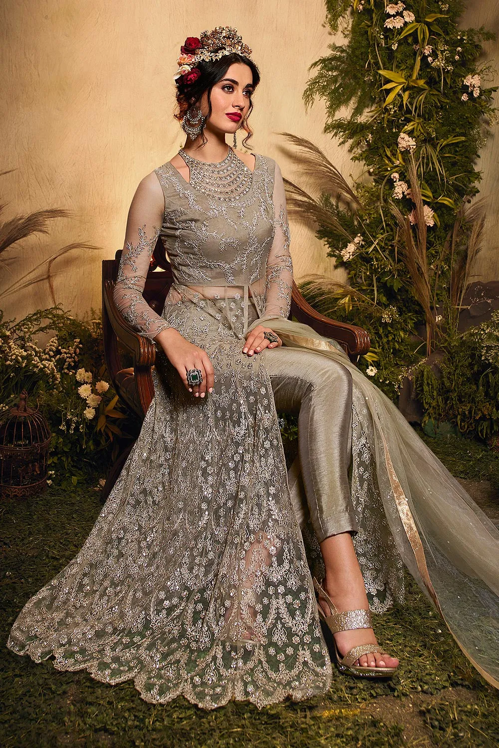 Taupe Grey Zari Embroidered Net Anarkali Suit
