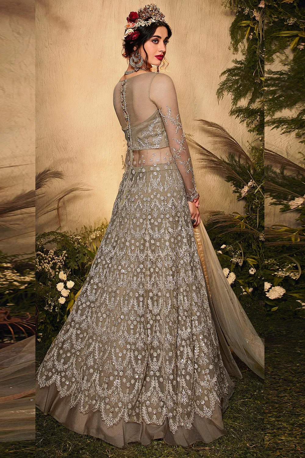 Taupe Grey Zari Embroidered Net Anarkali Suit