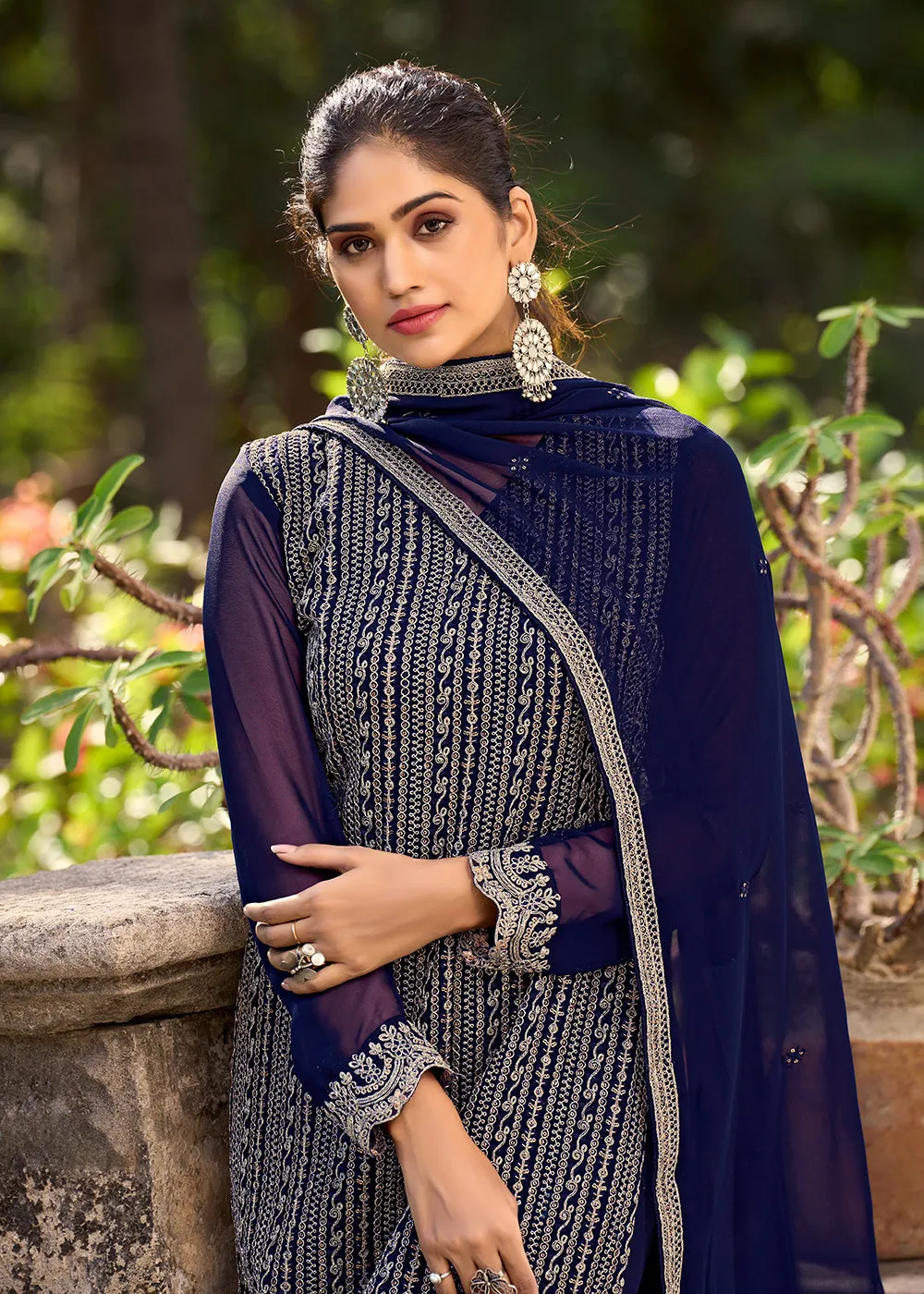 Thread & Sequins Embroidered Blue Pant Style Salwar Suit