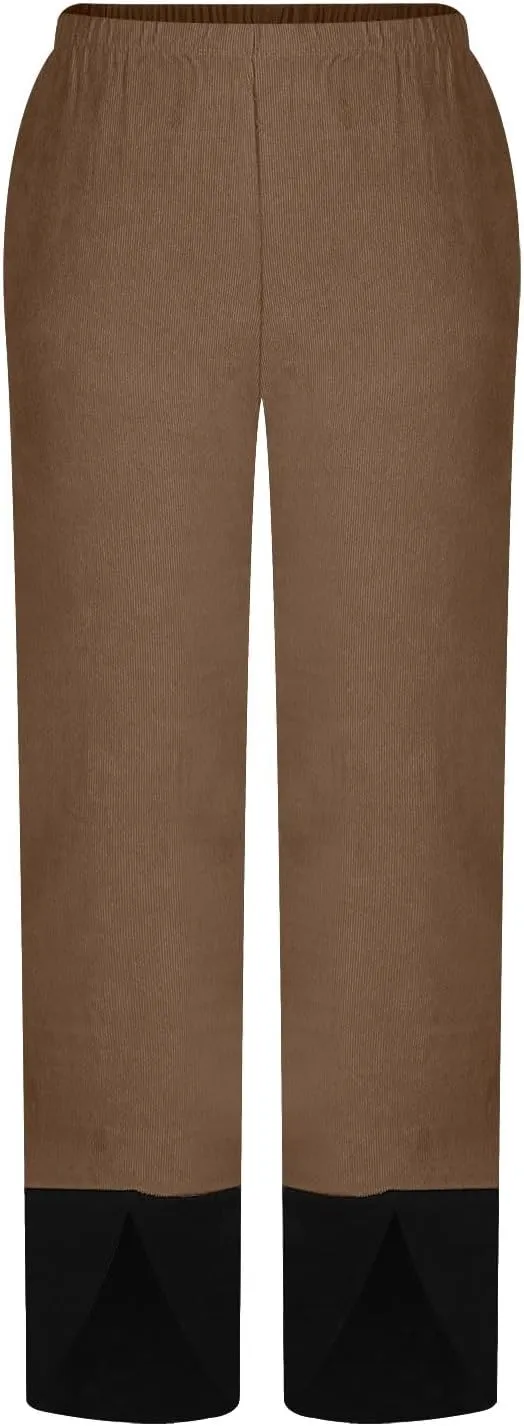 Women Baggy Corduroy Pants Loose Fit High Waist Fall Pant Elastic Waist Color Block Trousers Comfy Slit Slacks