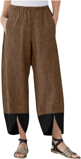 Women Baggy Corduroy Pants Loose Fit High Waist Fall Pant Elastic Waist Color Block Trousers Comfy Slit Slacks