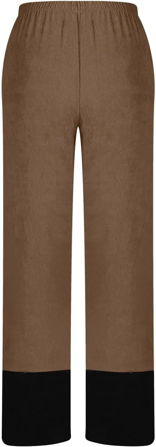 Women Baggy Corduroy Pants Loose Fit High Waist Fall Pant Elastic Waist Color Block Trousers Comfy Slit Slacks