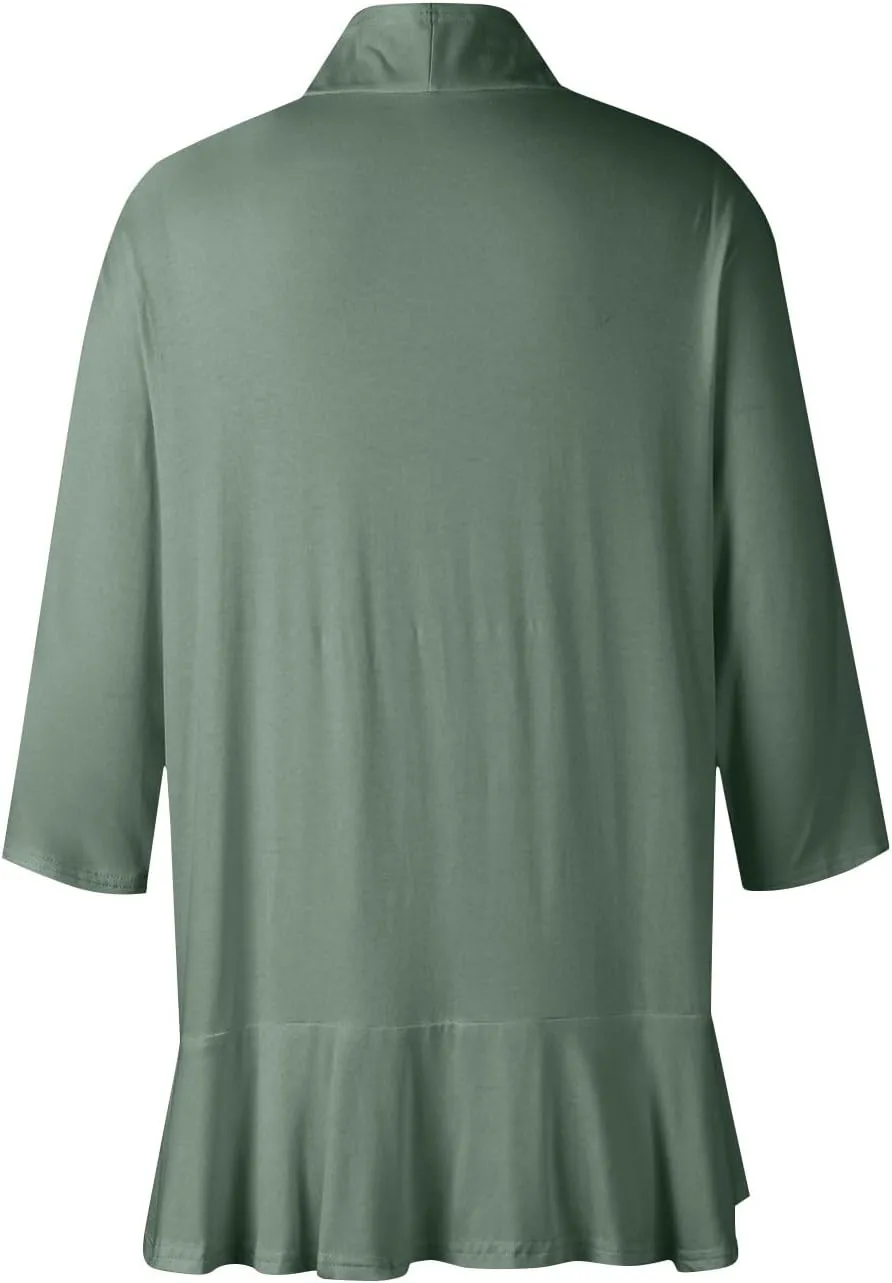 Women's Casual Lightweight Open Front Cardigans Soft Draped Ruffles 3/4 Sleeve Cardigan