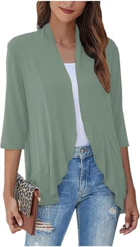 Women's Casual Lightweight Open Front Cardigans Soft Draped Ruffles 3/4 Sleeve Cardigan