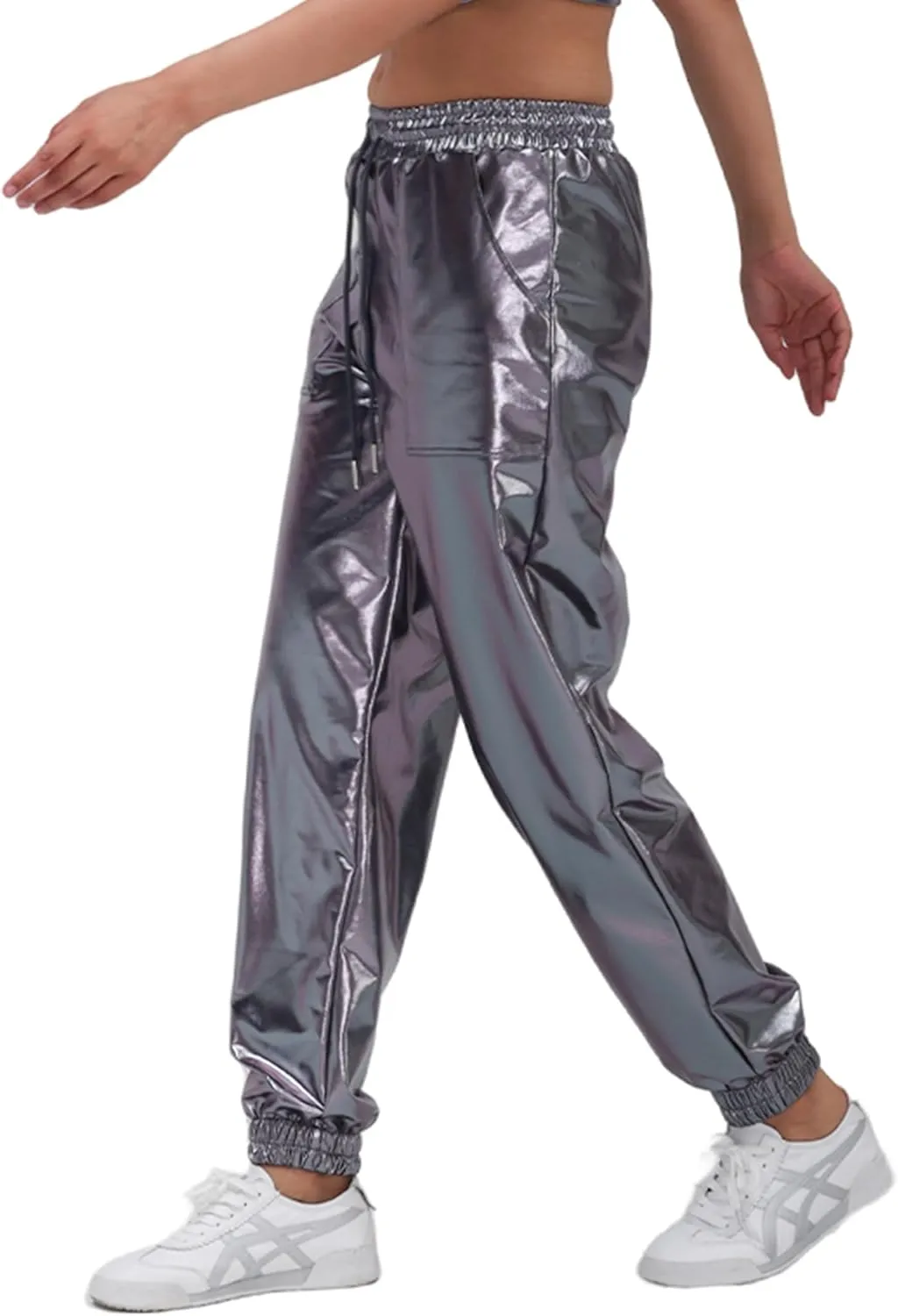 Womens Drawstring Cargo High Waist Jogger Pants Sexy Metallic Sparkly Wide Leg Pants Trousers Clubwear