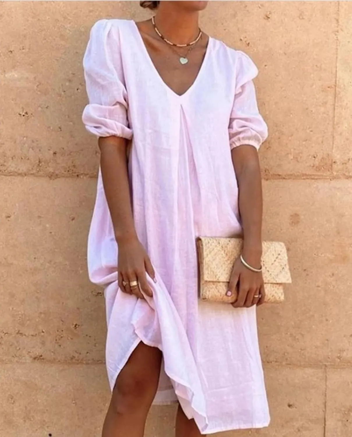Womens Linen Dress V Neck Puff Sleeve Maxi Solid Color Casual Loose Vacation Summer Beach Midi Dresses