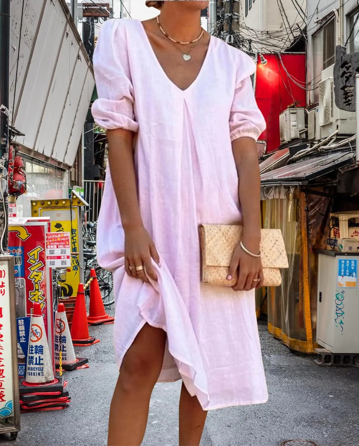 Womens Linen Dress V Neck Puff Sleeve Maxi Solid Color Casual Loose Vacation Summer Beach Midi Dresses