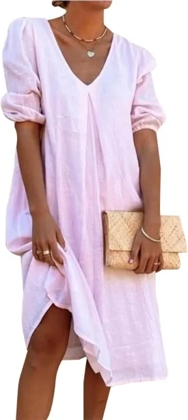 Womens Linen Dress V Neck Puff Sleeve Maxi Solid Color Casual Loose Vacation Summer Beach Midi Dresses