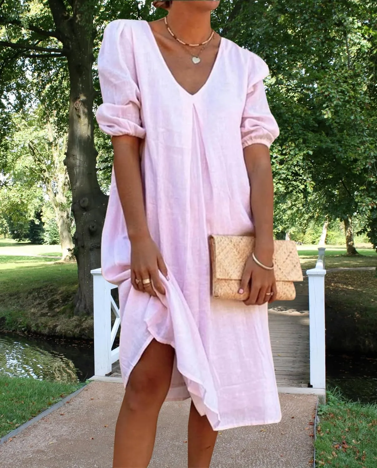 Womens Linen Dress V Neck Puff Sleeve Maxi Solid Color Casual Loose Vacation Summer Beach Midi Dresses