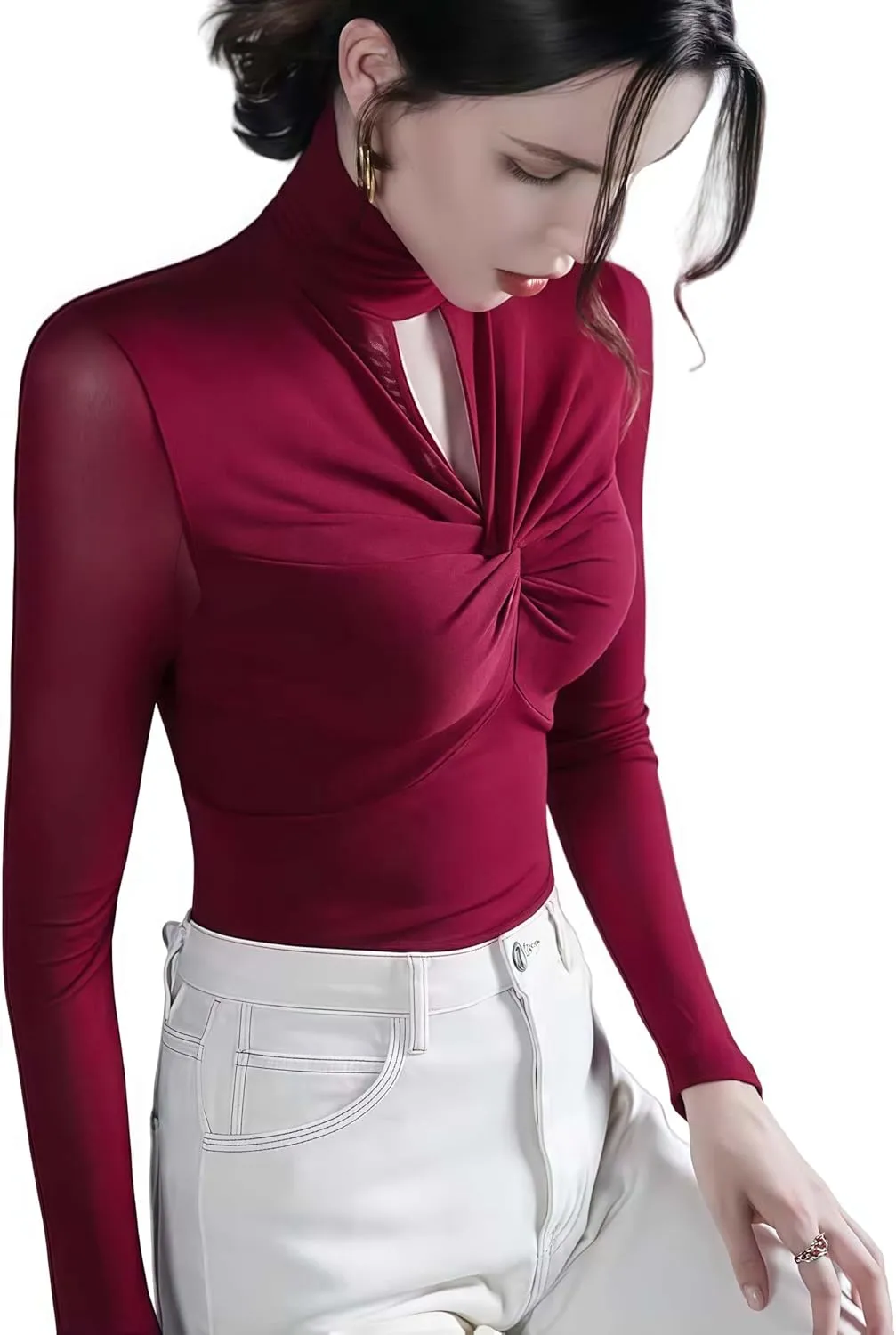 Women's Sexy Autumn Slim Fitting Long Sleeved Turtleneck Pullover Bottom Shirt Mesh Lace Perspectives T-Shirt Top.