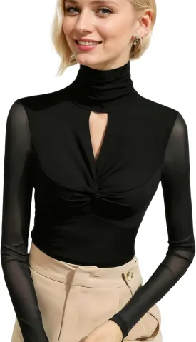 Women's Sexy Autumn Slim Fitting Long Sleeved Turtleneck Pullover Bottom Shirt Mesh Lace Perspectives T-Shirt Top.