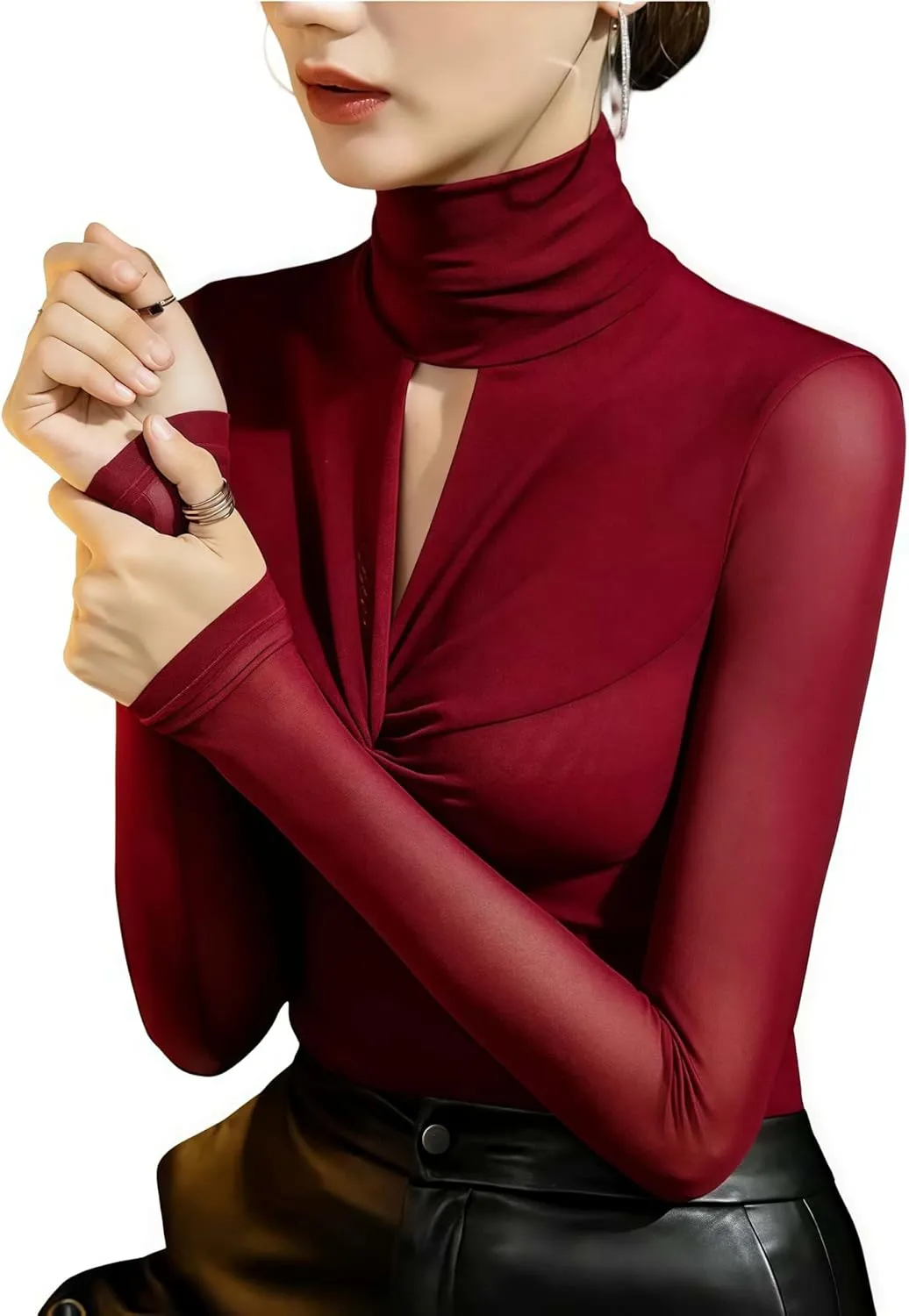 Women's Sexy Autumn Slim Fitting Long Sleeved Turtleneck Pullover Bottom Shirt Mesh Lace Perspectives T-Shirt Top.