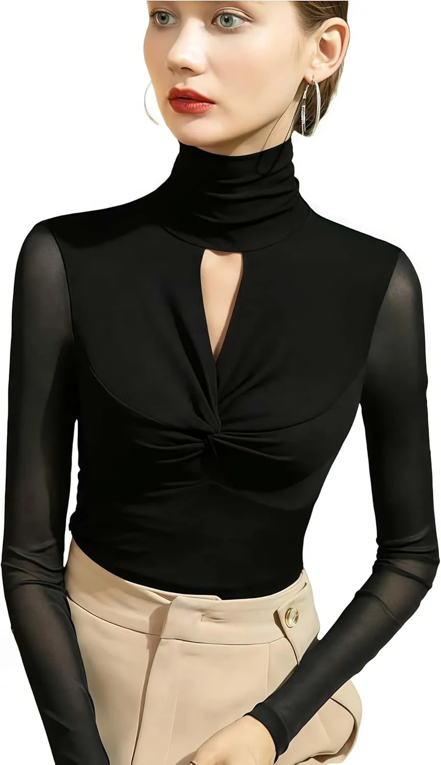 Women's Sexy Autumn Slim Fitting Long Sleeved Turtleneck Pullover Bottom Shirt Mesh Lace Perspectives T-Shirt Top.
