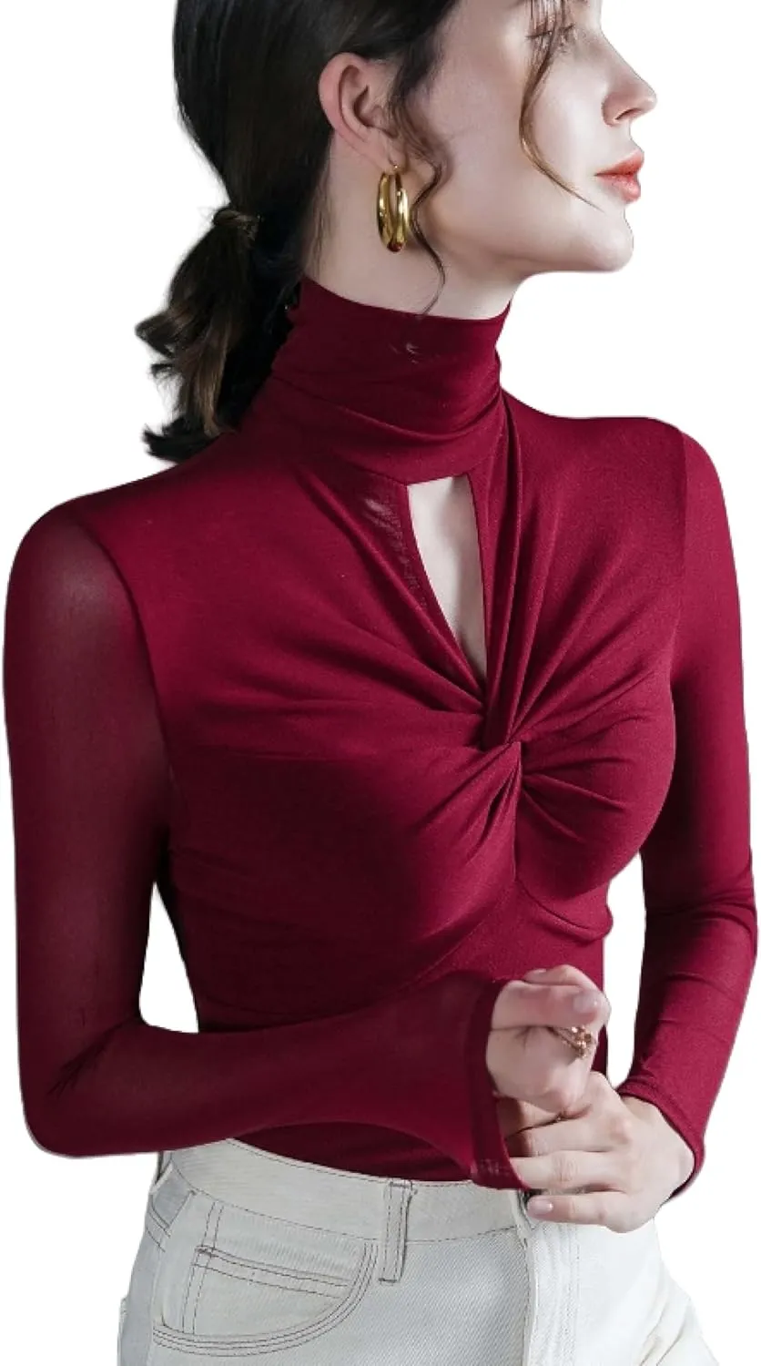 Women's Sexy Autumn Slim Fitting Long Sleeved Turtleneck Pullover Bottom Shirt Mesh Lace Perspectives T-Shirt Top.