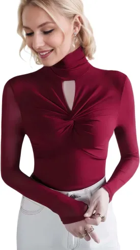 Women's Sexy Autumn Slim Fitting Long Sleeved Turtleneck Pullover Bottom Shirt Mesh Lace Perspectives T-Shirt Top.