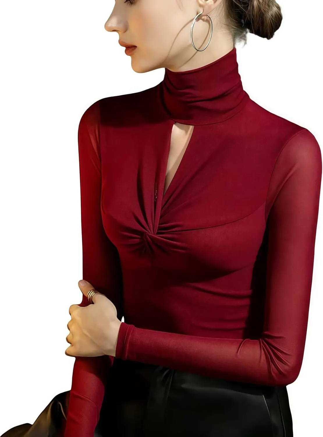 Women's Sexy Autumn Slim Fitting Long Sleeved Turtleneck Pullover Bottom Shirt Mesh Lace Perspectives T-Shirt Top.