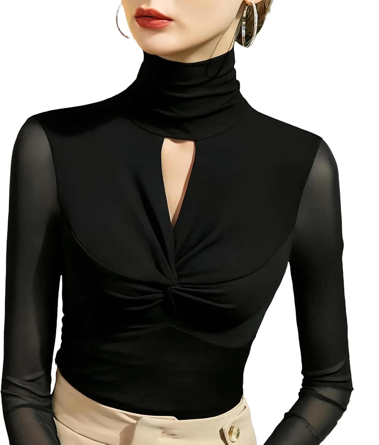 Women's Sexy Autumn Slim Fitting Long Sleeved Turtleneck Pullover Bottom Shirt Mesh Lace Perspectives T-Shirt Top.