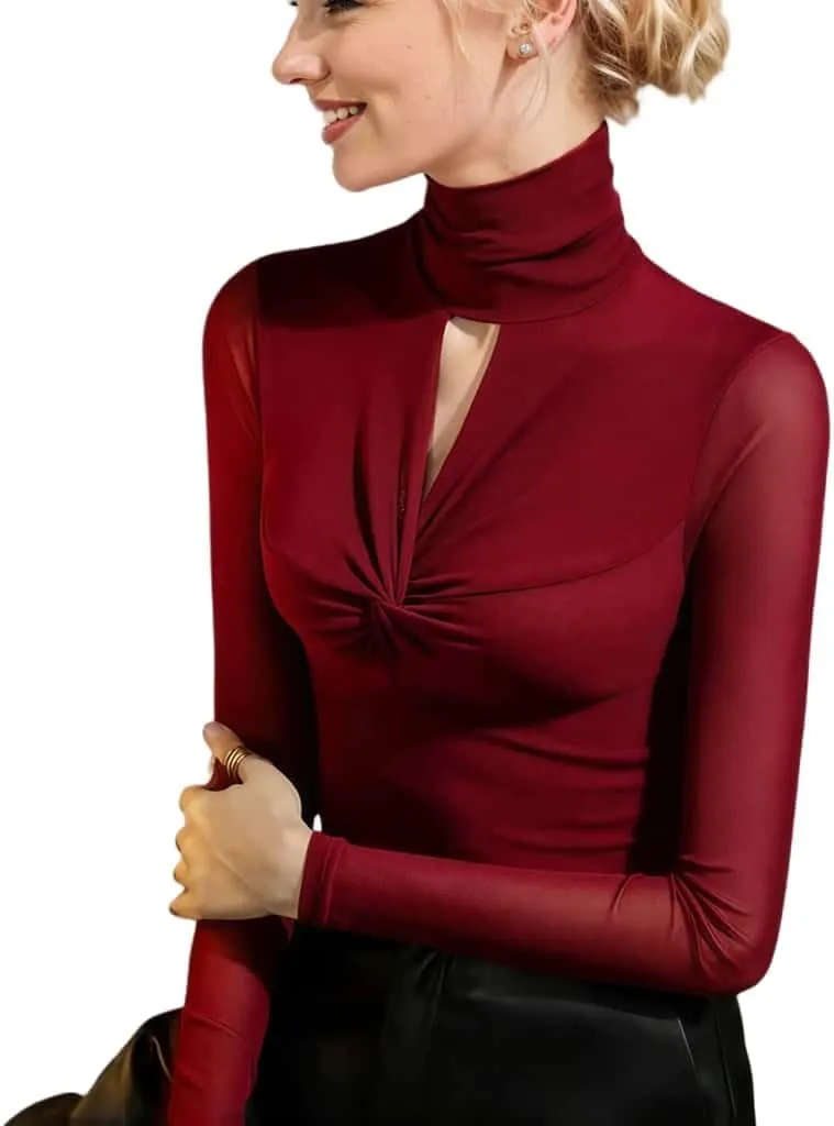 Women's Sexy Autumn Slim Fitting Long Sleeved Turtleneck Pullover Bottom Shirt Mesh Lace Perspectives T-Shirt Top.