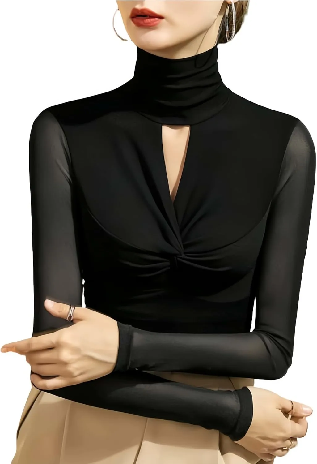 Women's Sexy Autumn Slim Fitting Long Sleeved Turtleneck Pullover Bottom Shirt Mesh Lace Perspectives T-Shirt Top.