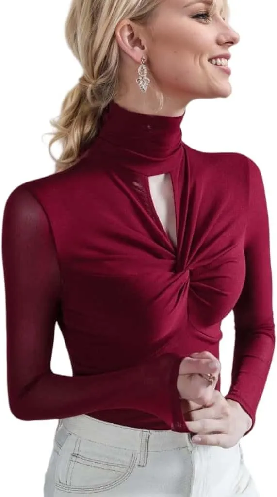 Women's Sexy Autumn Slim Fitting Long Sleeved Turtleneck Pullover Bottom Shirt Mesh Lace Perspectives T-Shirt Top.