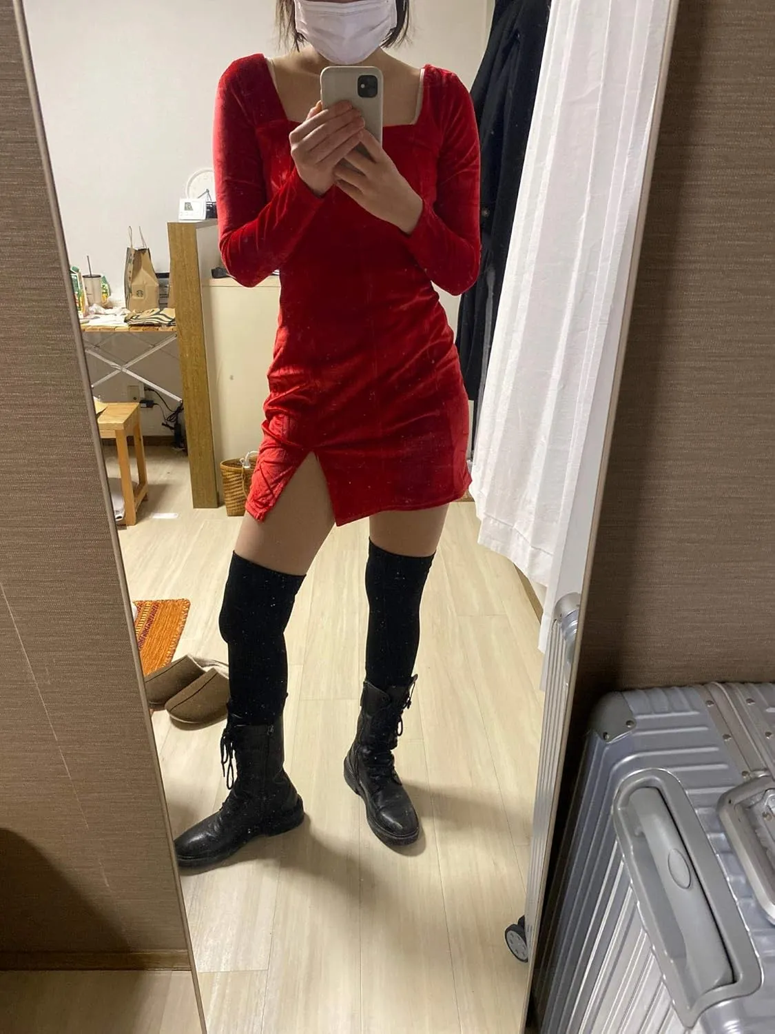 Womens Sexy Velvet Bodycon Dress Gothic Square Neck Long Sleeve Mini Party Dress Rave Festival Clubwear