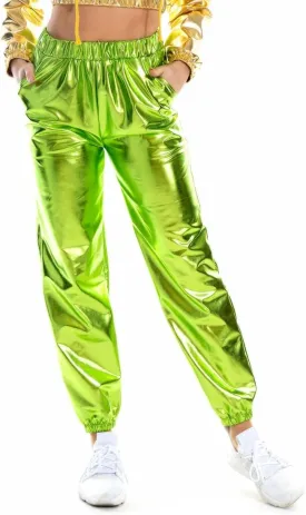 Womens Shiny Metallic Pants, Holographic Disco Sweatpant for 70s 80s Alien Space Cowgirl Halloween Costume