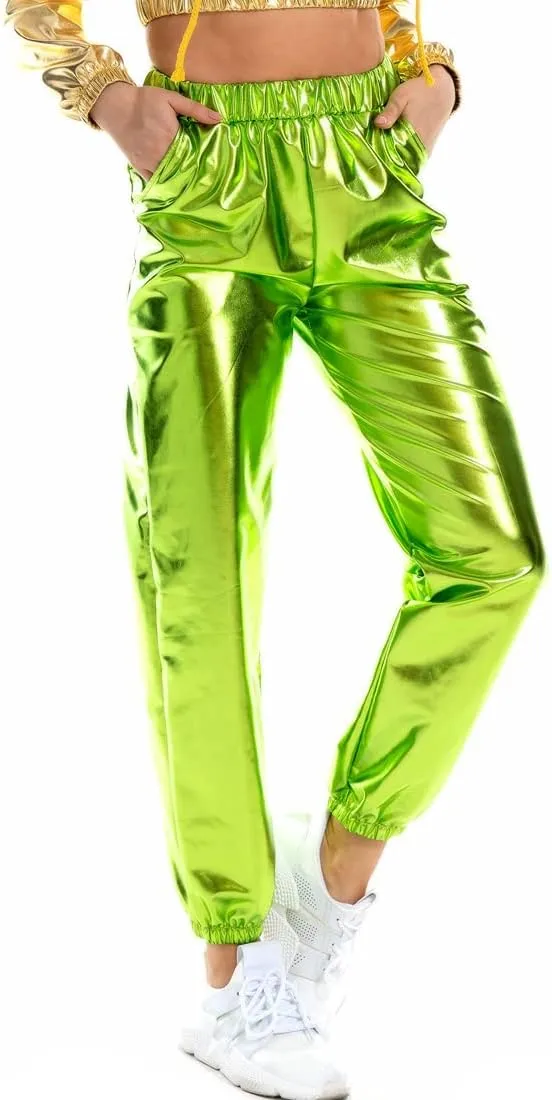 Womens Shiny Metallic Pants, Holographic Disco Sweatpant for 70s 80s Alien Space Cowgirl Halloween Costume