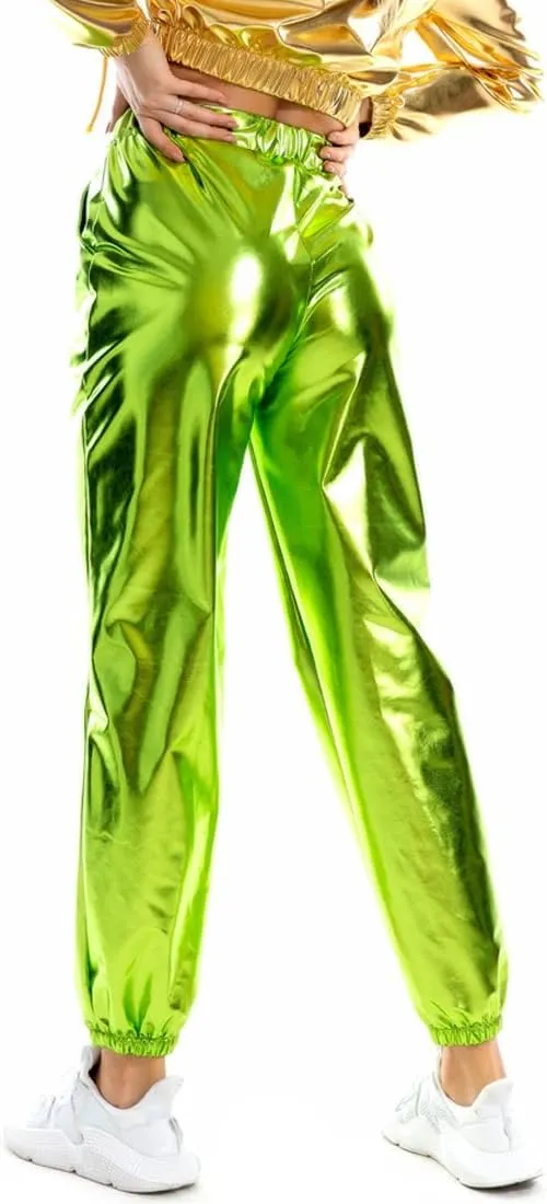 Womens Shiny Metallic Pants, Holographic Disco Sweatpant for 70s 80s Alien Space Cowgirl Halloween Costume