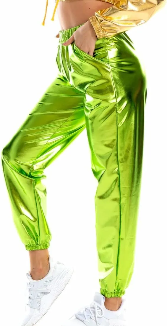 Womens Shiny Metallic Pants, Holographic Disco Sweatpant for 70s 80s Alien Space Cowgirl Halloween Costume