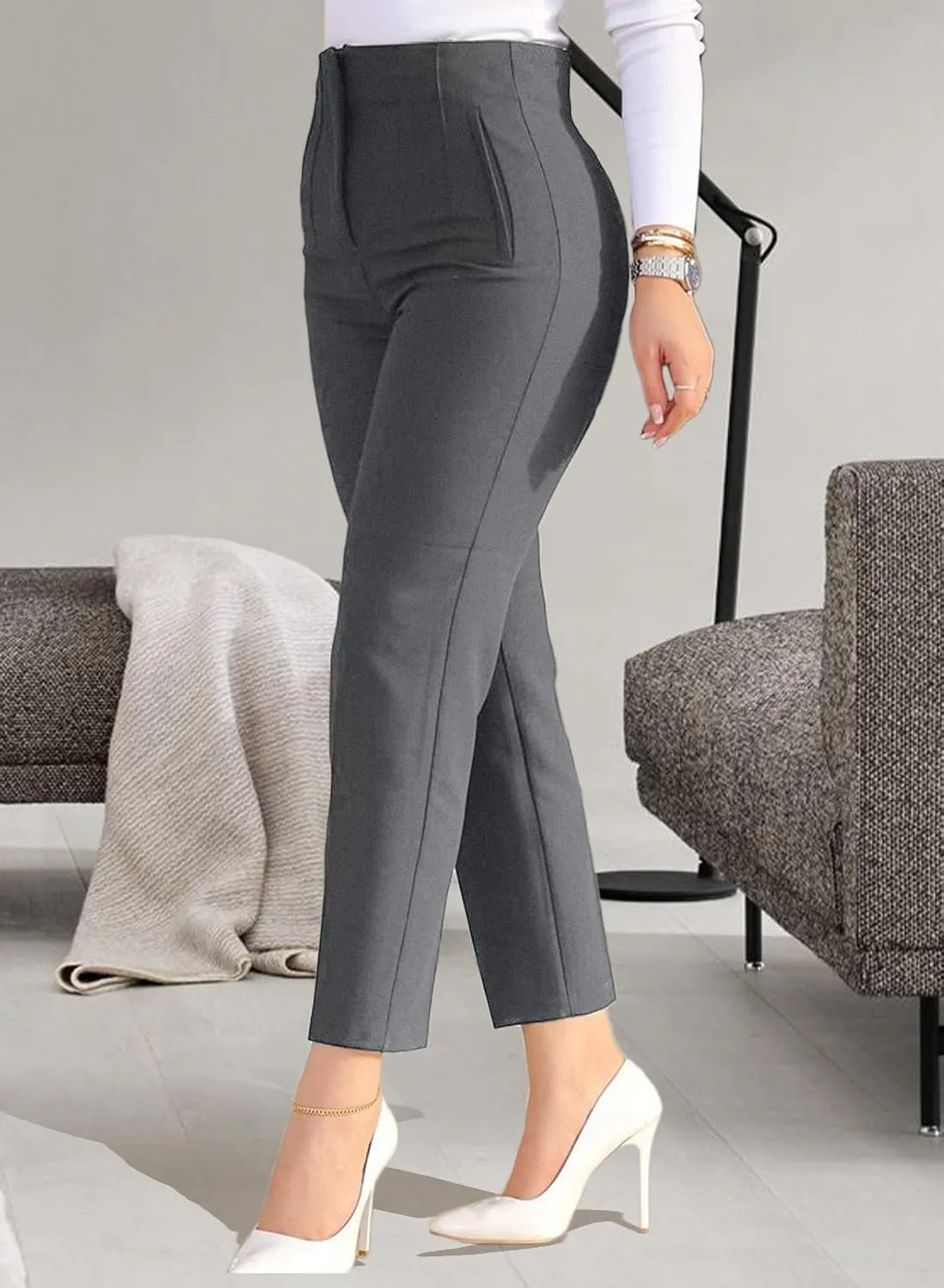 Womens Stretchy High Waisted Pants Trendy Pleated Business Work Trousers with Pockets Straight Leg Dress Pant