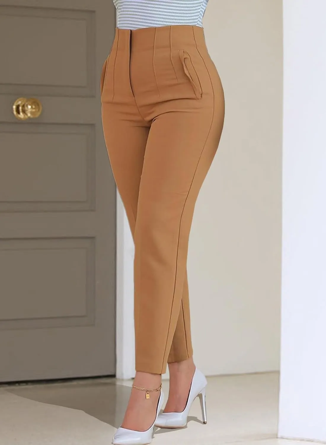 Womens Stretchy High Waisted Pants Trendy Pleated Business Work Trousers with Pockets Straight Leg Dress Pant