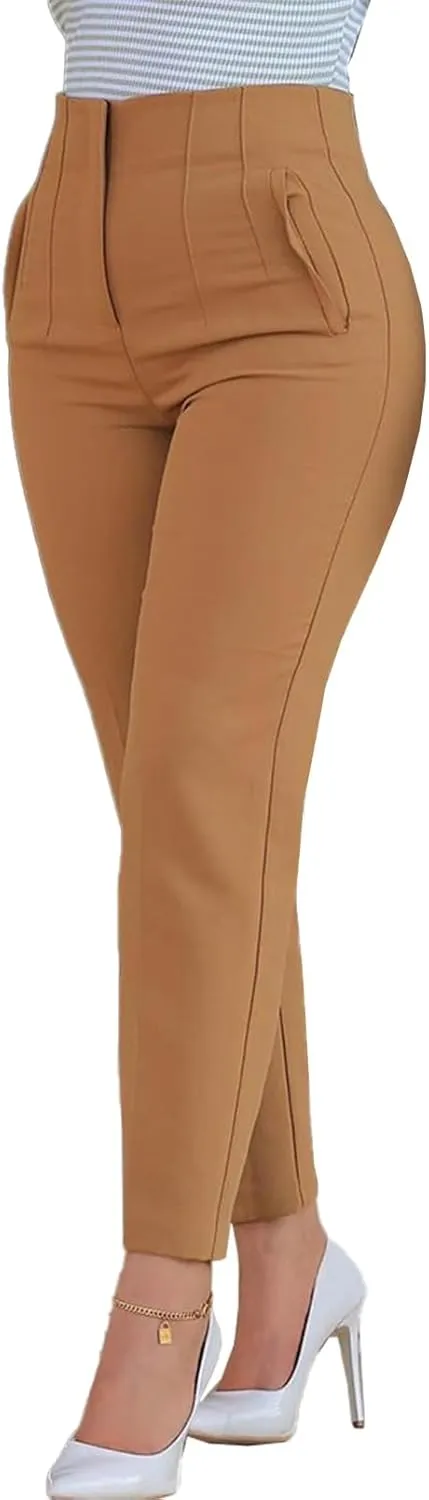 Womens Stretchy High Waisted Pants Trendy Pleated Business Work Trousers with Pockets Straight Leg Dress Pant