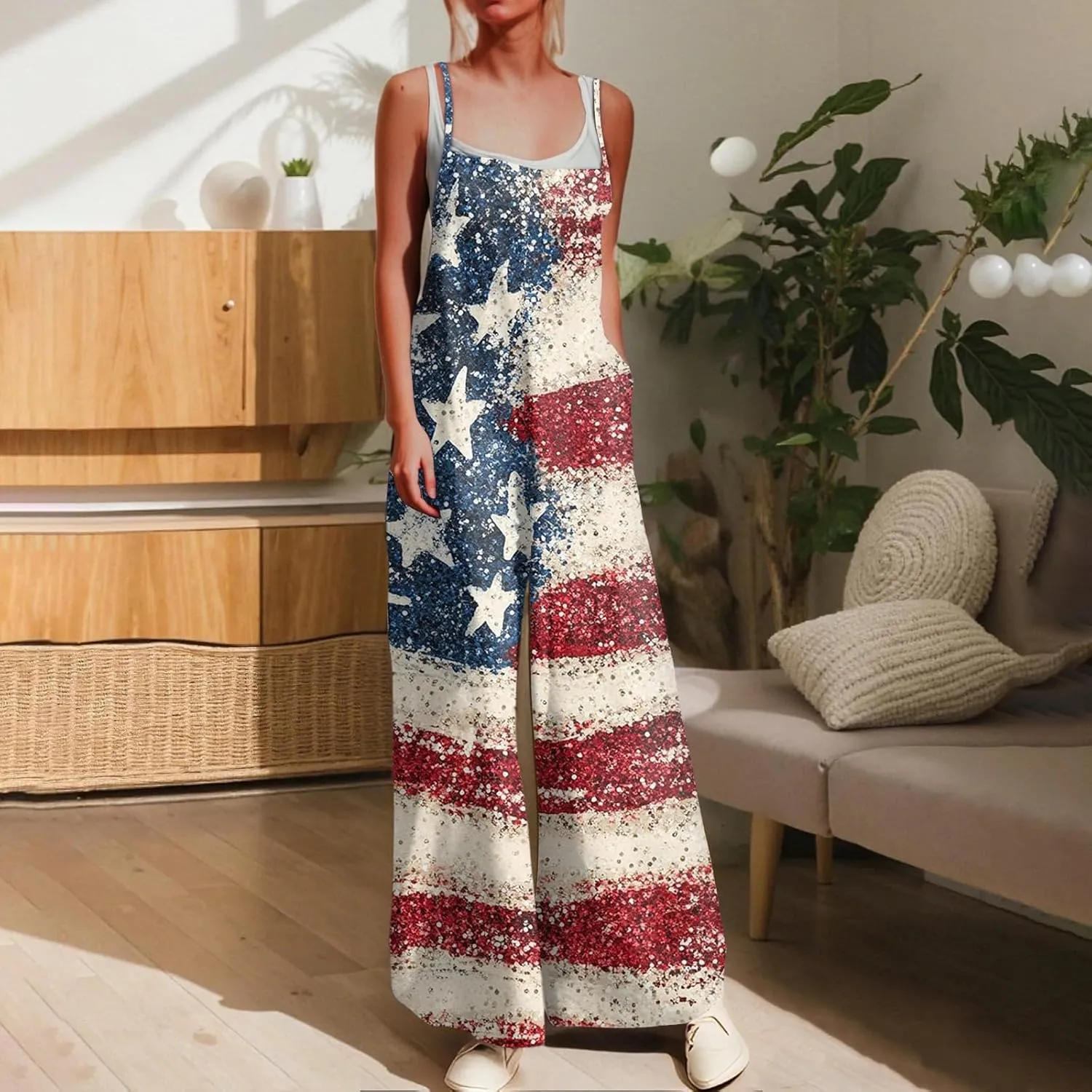 Women's Summer Casual Jumpsuits 2024 Dressy Casual Adjustable Straps Sleeveless Print Summer Cute Linen Rompers