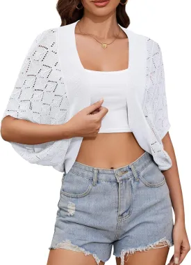 Women's Summer Lightweight Crochet Cardigan Shrug Open Front Batwing Sleeve Knit Summer Boho Cover Up