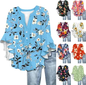 Womens Summer Tops 3/4 Length Sleeve Shirts for Women Plus Size Ruffle Sleeve V Neck Button Down Floral Tunic Tops