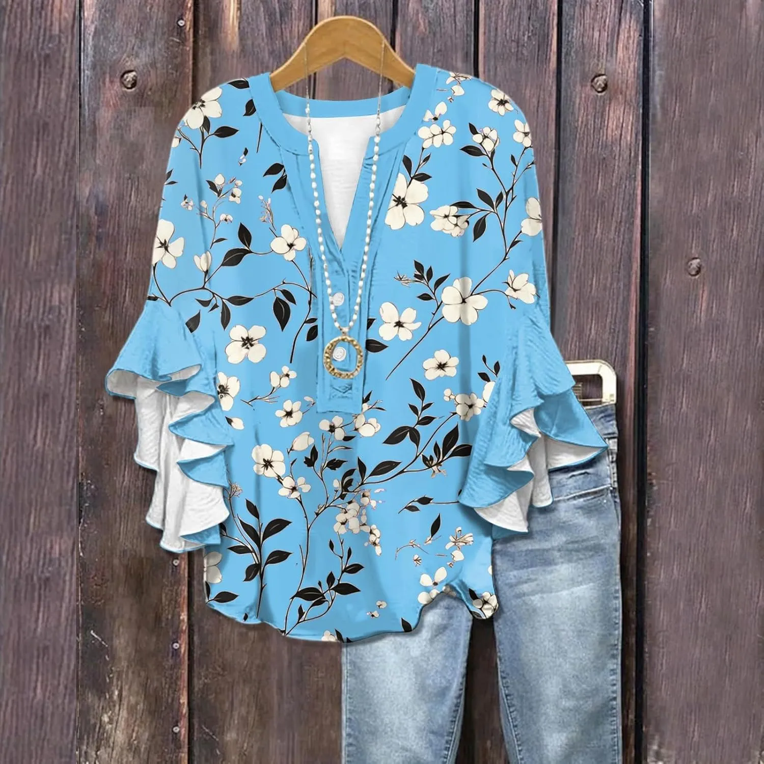 Womens Summer Tops 3/4 Length Sleeve Shirts for Women Plus Size Ruffle Sleeve V Neck Button Down Floral Tunic Tops