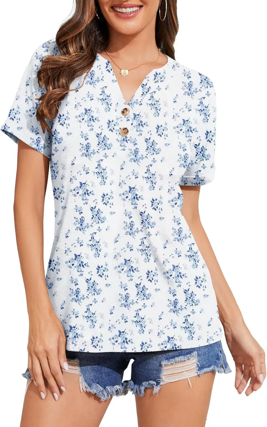 Womens Tops Trendy V Neck Button Down Short Sleeve Tshirts Business Casual Basic Tee Loose Fit