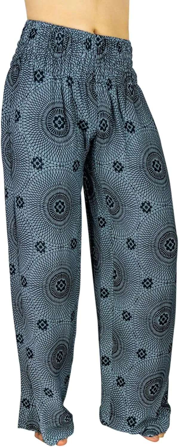 Womens Wide Leg Palazzo Pants, Loose Flare, Smocked High Waist w Pockets