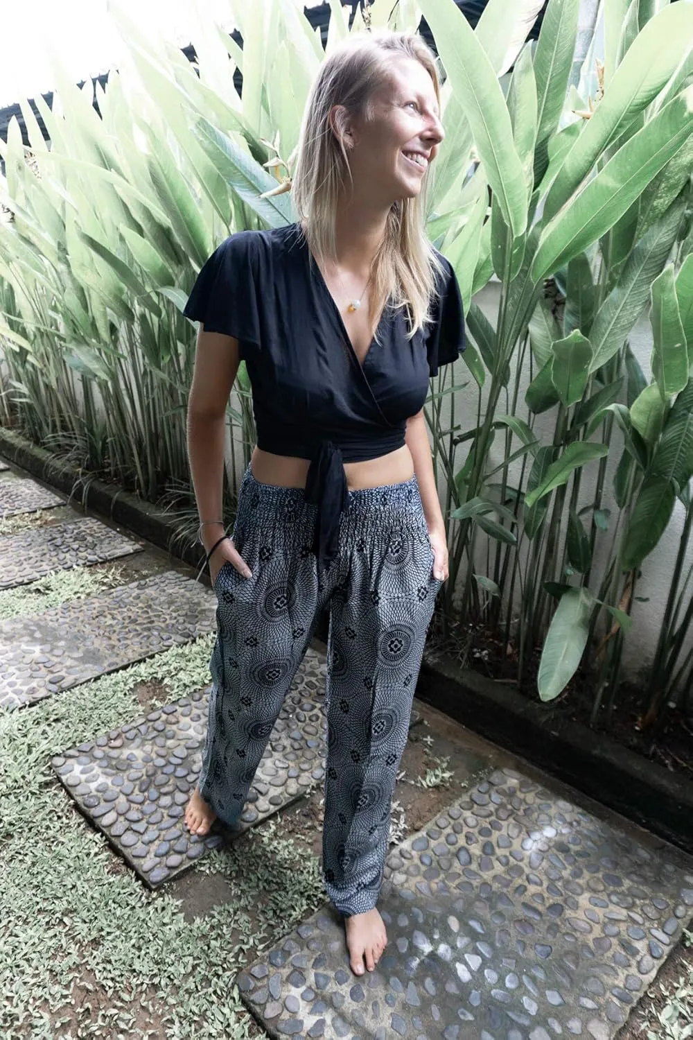 Womens Wide Leg Palazzo Pants, Loose Flare, Smocked High Waist w Pockets