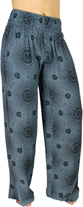 Womens Wide Leg Palazzo Pants, Loose Flare, Smocked High Waist w Pockets
