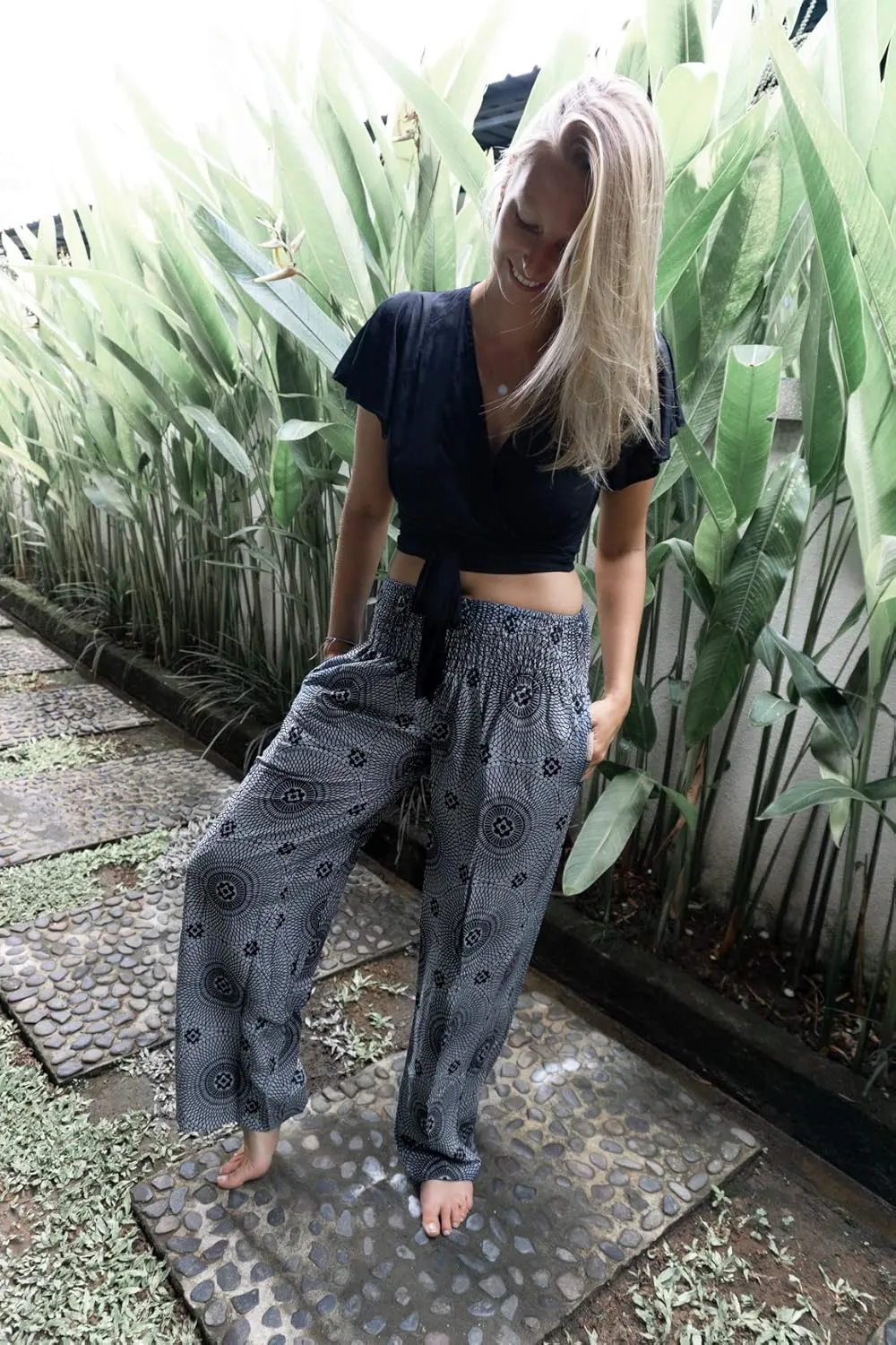 Womens Wide Leg Palazzo Pants, Loose Flare, Smocked High Waist w Pockets