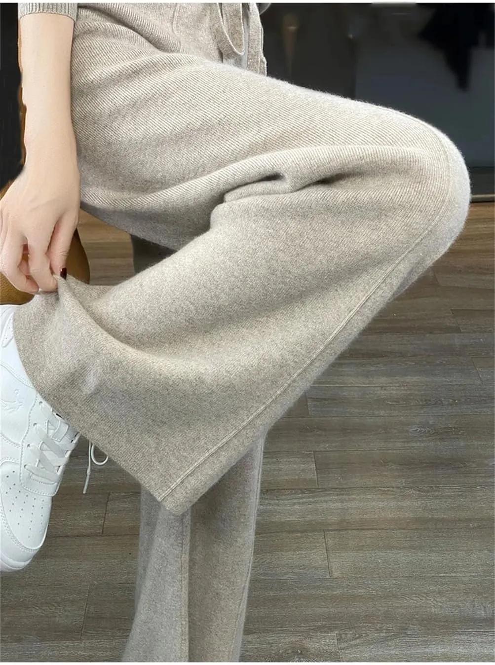 Women's Wide Leg Pants Elastic Waist Knitted Wool Casual Moped Pants Casual Straight Loose Trousers