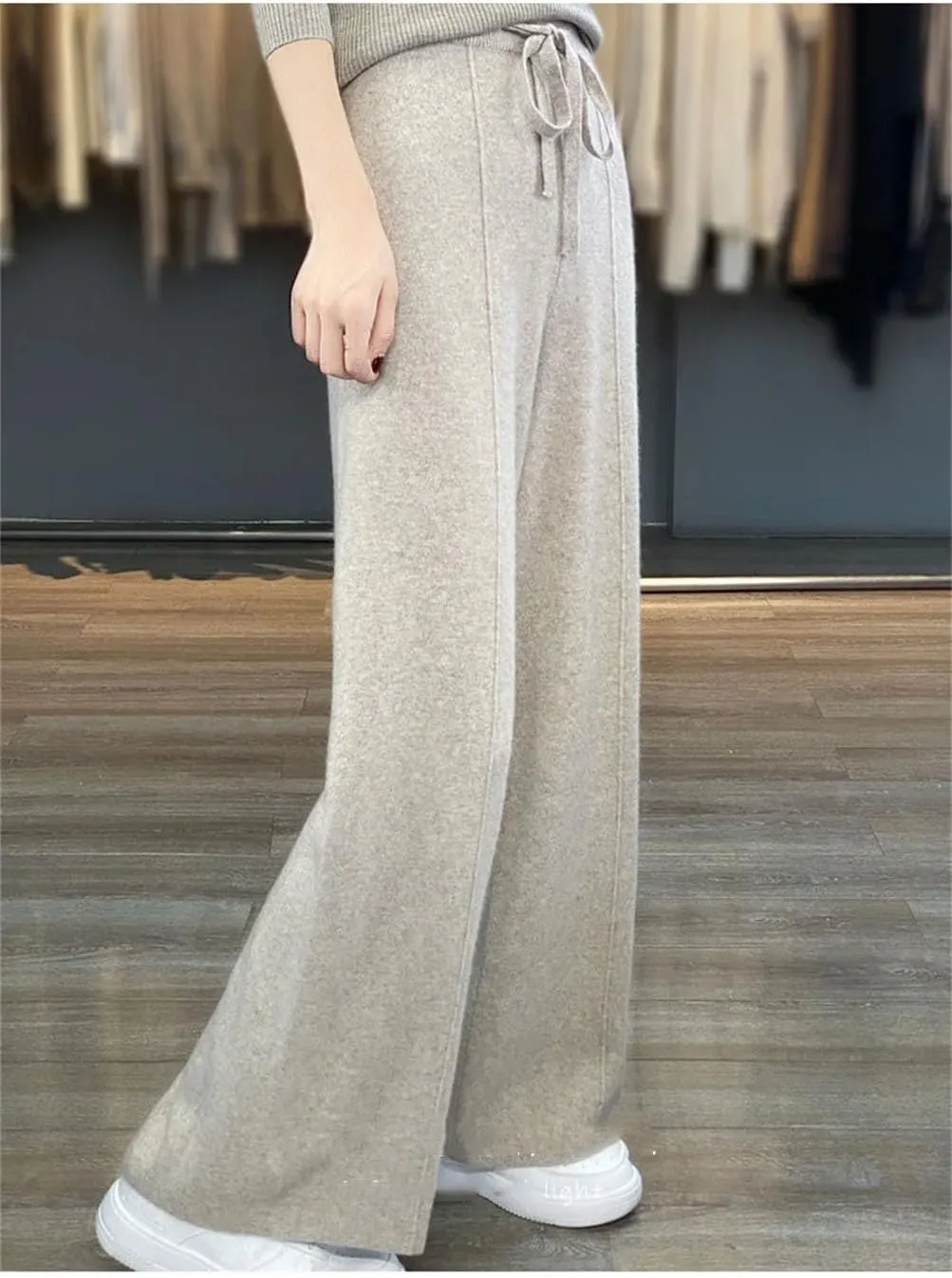 Women's Wide Leg Pants Elastic Waist Knitted Wool Casual Moped Pants Casual Straight Loose Trousers